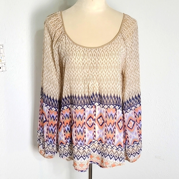 Blu Pepper Patterned Beige & Tan Top, Navy Blue & Orange Aztec Print, Size Large - Picture 1 of 9